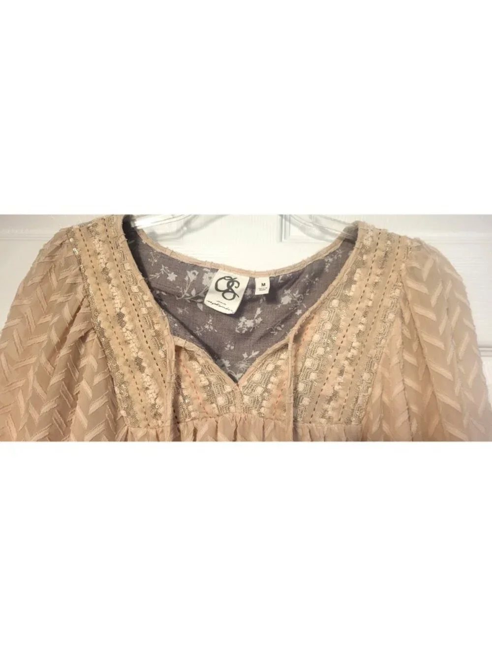 Anthro One September Anwen Pink Peasant Dress M Tassel Chevron Pattern Lace Boho